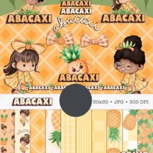 Aquarela de Boneca Cute com Abacaxi - Kit Digital Frutas PNG
