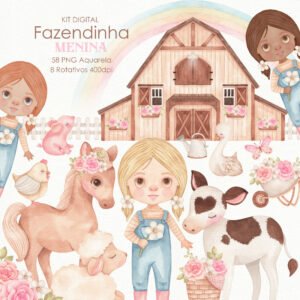 Aquarela Fazendinha Menina Kit Digital Artes Ilustrações