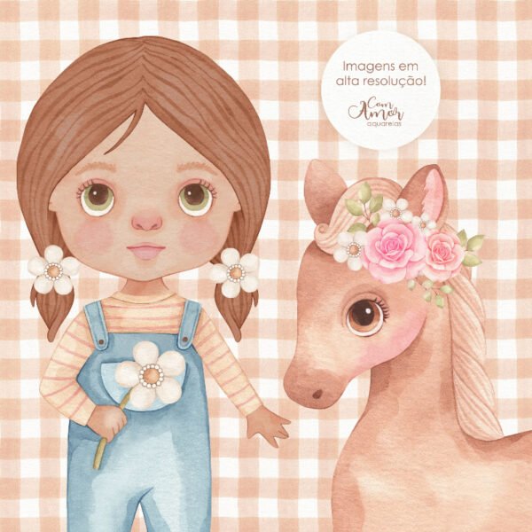 Aquarela Fazendinha Menina Kit Digital Artes Ilustrações