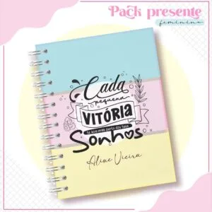 Caderno espiral colorido com capa personalizada com frases motivacionais e ilustrações delicadas.
