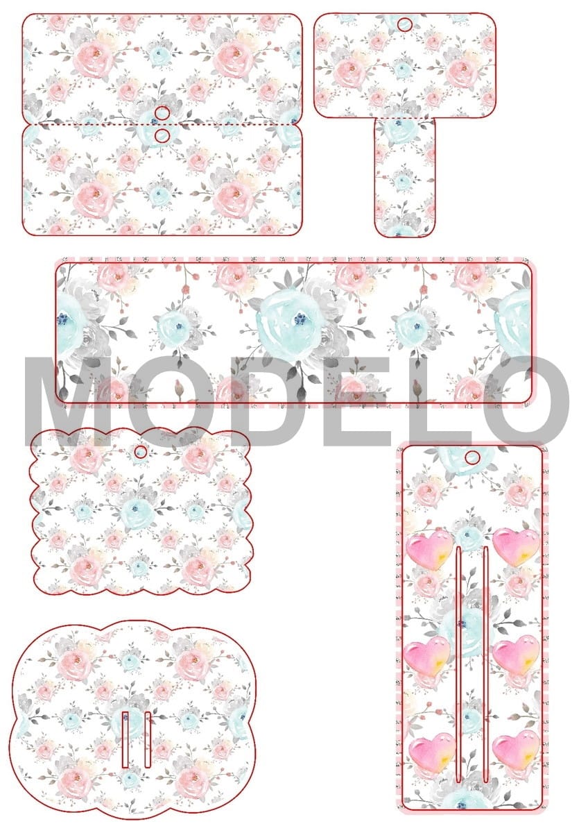 Arquivo com 17 Cartelas para Laços e Tiaras em Studio 2 Moldes cortados com estampa floral em tons pastéis e corações rosa