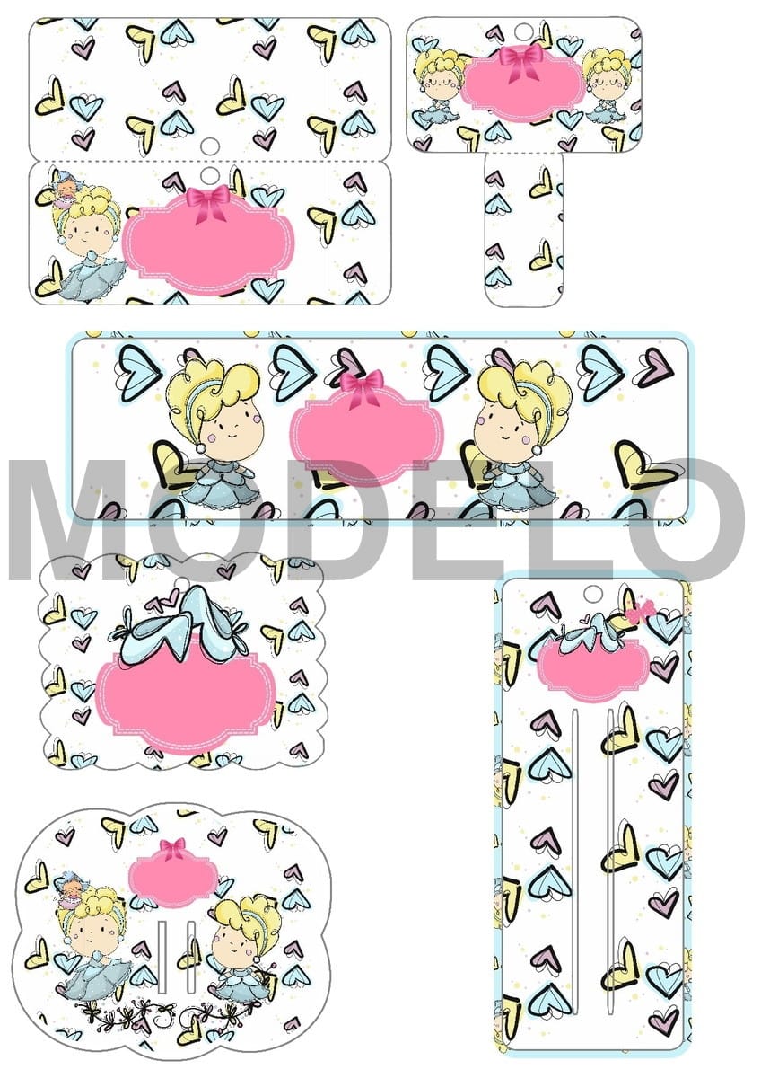 Arquivo com 17 Cartelas para Laços e Tiaras em Studio 3 Moldes digitais com estampa de princesa, corações coloridos e etiquetas rosa