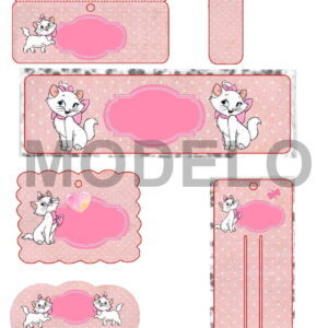 Molde digital rosa com estampa de gatinha branca para impressão e personalização.