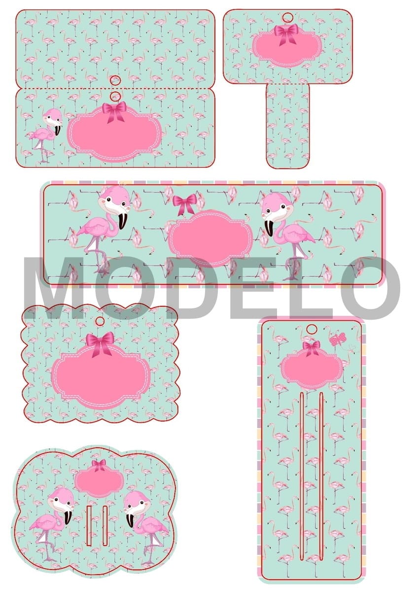 Arquivo com 17 Cartelas para Laços e Tiaras em Studio 4 Moldes planos impressos com estampa de flamingos, fundo verde claro e detalhes rosa.