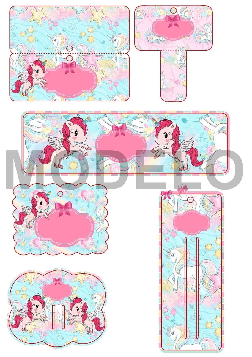 Arquivo com 17 Cartelas para Laços e Tiaras em Studio 5 Moldes de papelaria com tema de unicórnio em fundo azul e rosa
