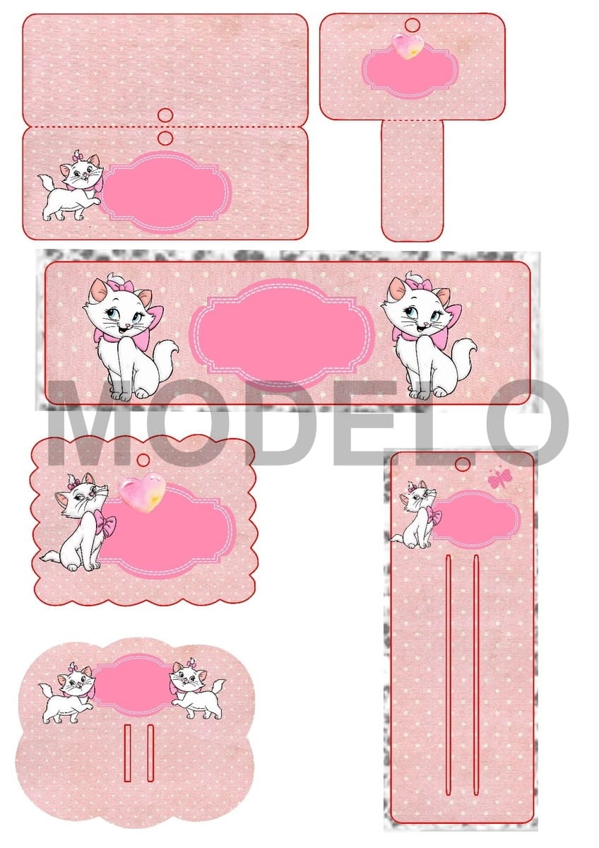Arquivo com 17 Cartelas para Laços e Tiaras em Studio 1 Molde digital rosa com estampa de gatinha branca para impressão e personalização.