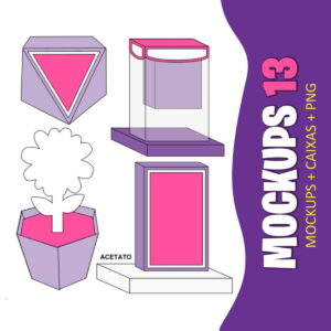 Arte digital com mockups de caixas, um vaso e uma caixa de acetato transparente.