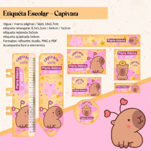 Arte digital de etiquetas escolares com tema de capivara e campo para nome.