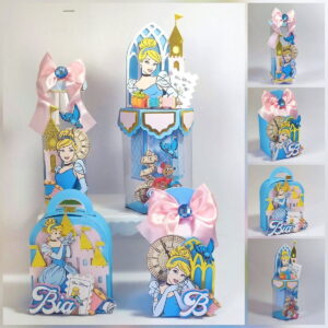 Arte digital de caixas decorativas com mulher loira em vestido azul, tema conto de fadas.