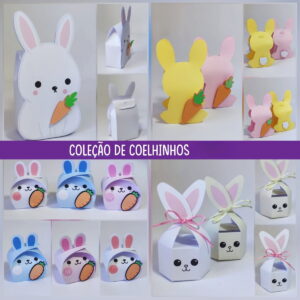 Designs de coelhinhos em várias cores e formatos para caixas e embalagens.