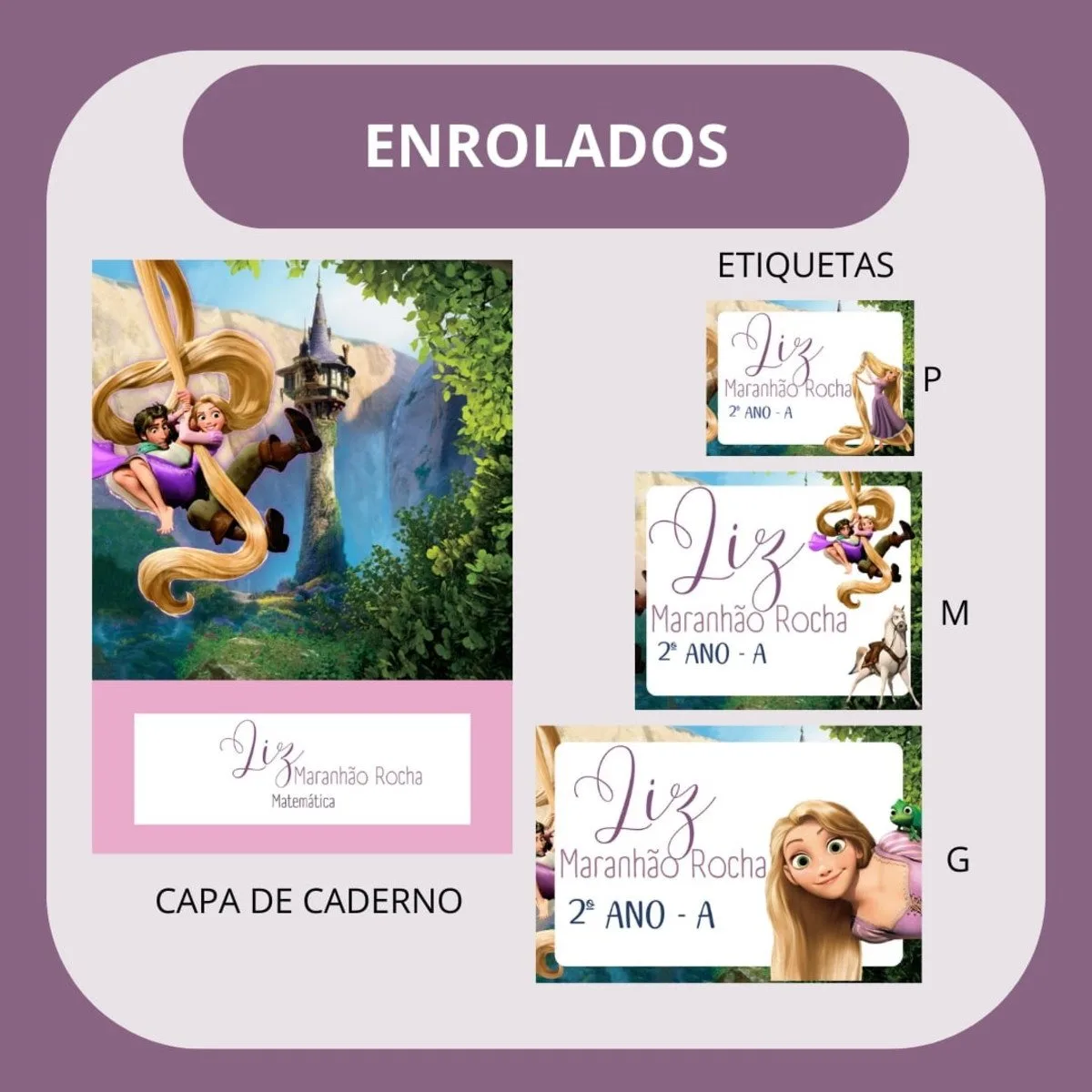 Coleção de adesivos escolares personalizados com tema de desenho animado e nome de estudante.