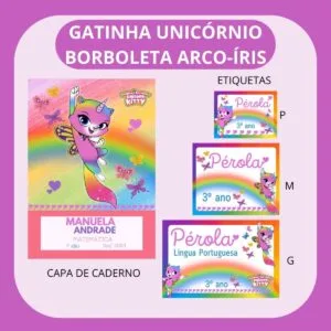 Arquivo de Corte Etiqueta Escolar Gatinha Unicórnio
