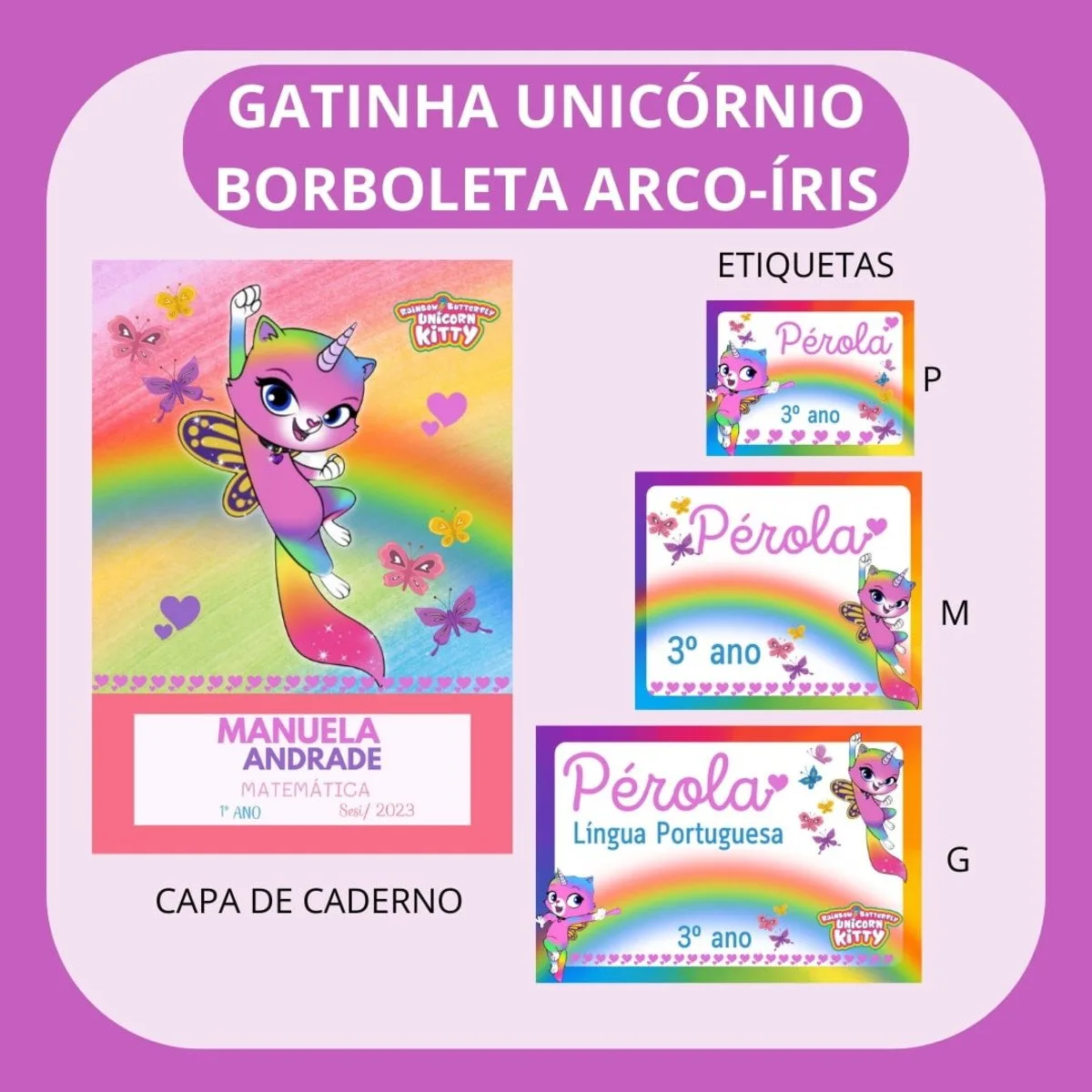Design digital com gatinha unicórnio, arco-íris e borboletas para personalizar cadernos e etiquetas.