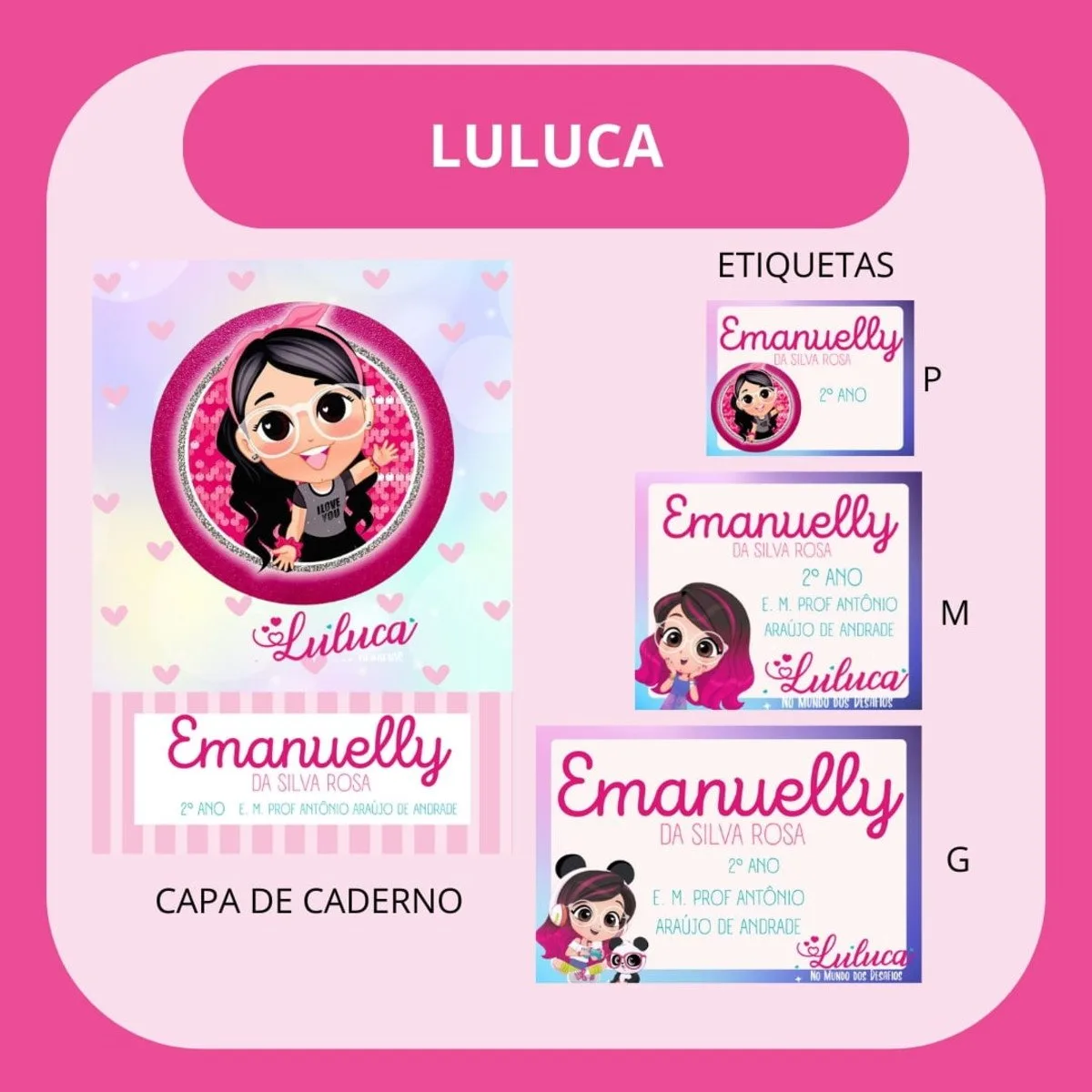 Design digital apresentando capa de caderno e etiquetas personalizadas com tema infantil rosa.