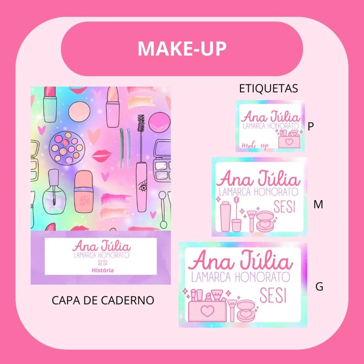 Capa de caderno e etiquetas personalizadas com ilustrações de itens de maquiagem em tons rosas.