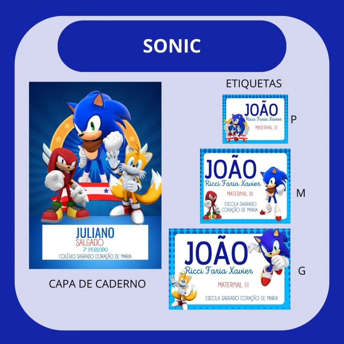 Arquivo de Corte Etiqueta Escolar Sonic 1 Kit digital com etiquetas escolares e capa de caderno personalizadas com desenhos de personagens.