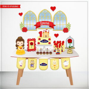 Arte digital de decoração de festa infantil com tema de castelo e personagens.