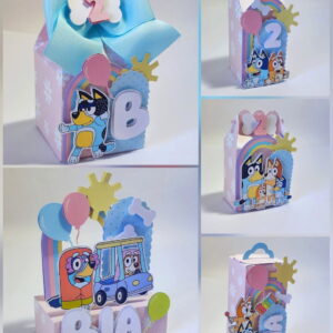 Arquivo de Corte Festa Bluey em Studio e PDF para Decorar 4 Caixas e centro de mesa decorados com personagens animados, tema de festa infantil.