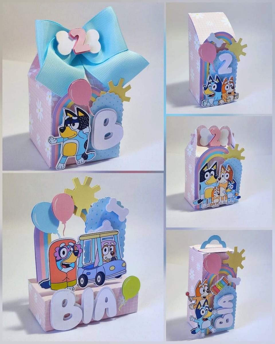 Arquivo de Corte Festa Bluey em Studio e PDF para Decorar 1 Caixas e centro de mesa decorados com personagens animados, tema de festa infantil.