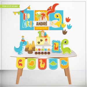 Arte digital de decoração de festa infantil com tema de dinossauros coloridos.