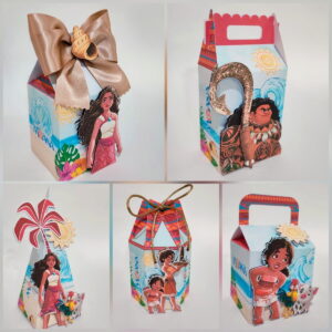Cinco designs de caixas de lembrancinhas com tema de aventura tropical.