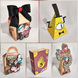 Cinco designs de arte digital para lembrancinhas com personagens e símbolos de desenho animado.