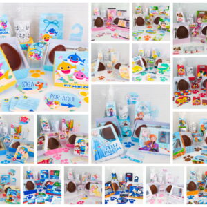 Conjunto de designs digitais de kits de Páscoa com ovos de chocolate e papelaria impressa.