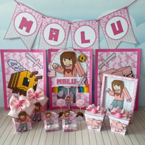 Arquivo de Corte Minecraft Menina Festa em Studio e PDF 13 Coleção de arte pixelada rosa para festa com personagem, abelha e porco.