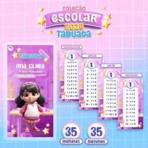 Arquivo de Corte Tabuada Escolar - Arquivo Digital 17 Material gráfico digital com operações matemáticas de tabuada, menina desenhada e plano de fundo rosa.