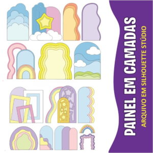 Arte digital com designs em camadas de formas variadas, incluindo nuvens, estrelas e arco-íris.