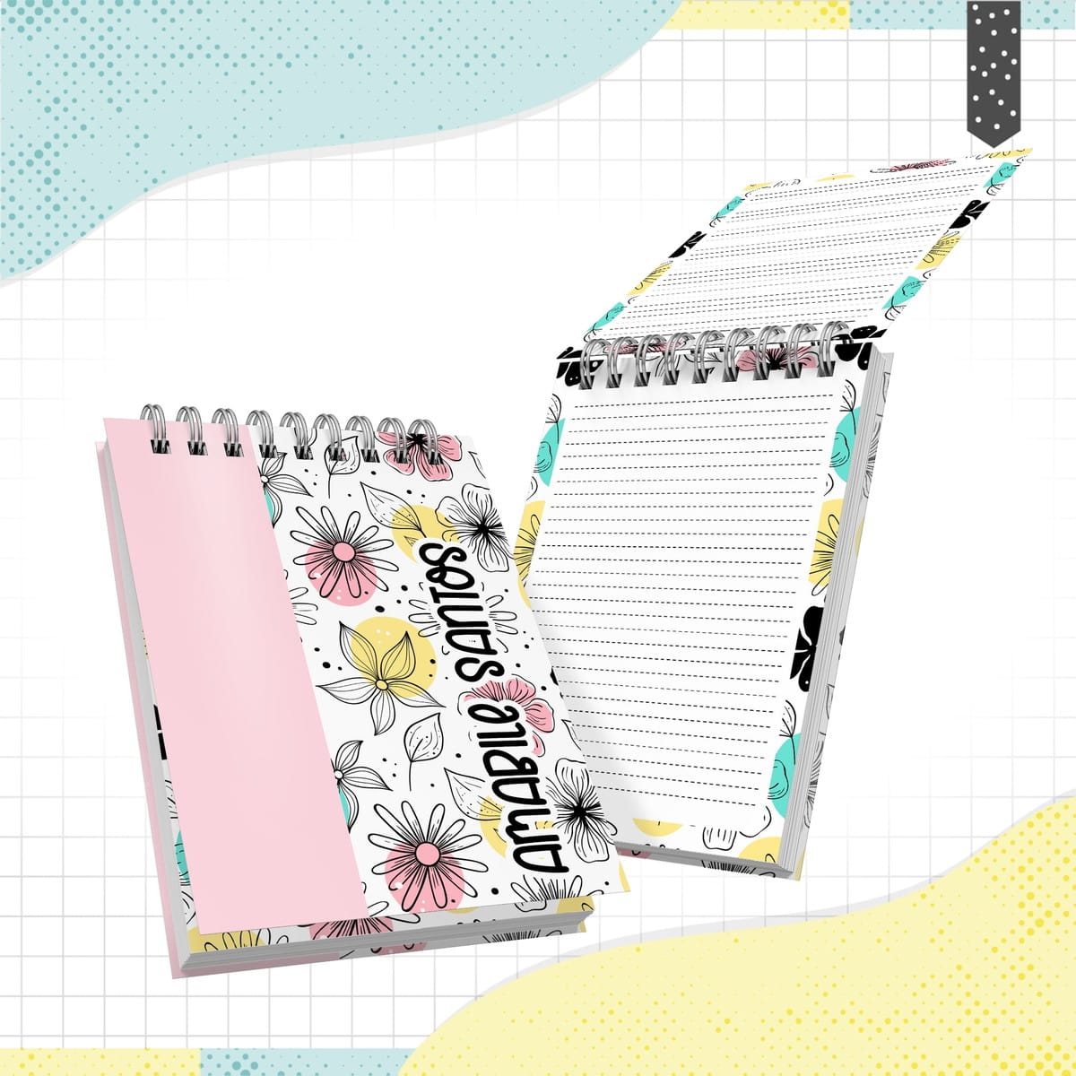 Arquivo digital bloquinho A6 floral para personalizar 1 Dois pequenos cadernos espiralados com estampa floral colorida e folhas pautadas.