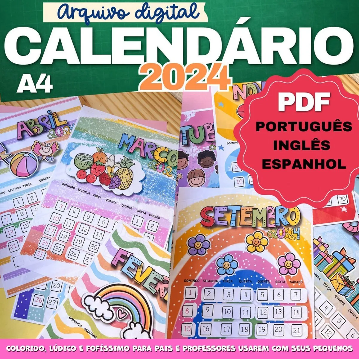 Arquivo Digital Calendário Fofo Infantil 2024 em Pdf 1 Folhas de calendário digital colorido com ilustrações infantis e datas organizadas mensalmente.
