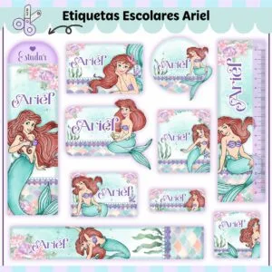 Coleção de etiquetas escolares ilustradas com a personagem sereia e elementos aquáticos.