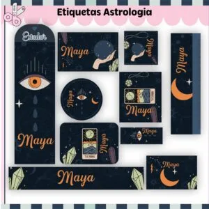 Coleção de etiquetas escolares personalizadas com tema místico e ilustrações de astrologia.