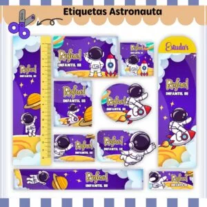 Coleção de etiquetas escolares personalizadas com tema de astronauta e espaço sideral.
