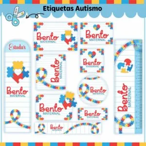 Coleção de etiquetas escolares personalizadas com tema de quebra-cabeça colorido sobre fundo branco.