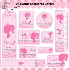 Conjunto de etiquetas escolares personalizadas em tons de rosa com silhuetas e gliter.