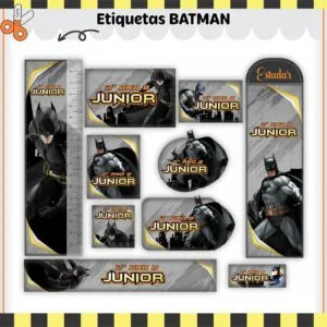 Coleção de etiquetas escolares personalizadas com ilustrações do super-herói de capa preta.