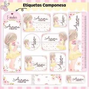 Coleção de etiquetas escolares personalizadas com ilustração de menina e flores em fundo rosa.