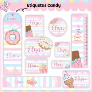 Coleção de etiquetas escolares personalizadas com estampas de doces e cores suaves pastéis.