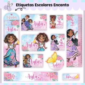 Conjunto de etiquetas escolares personalizadas com ilustrações de menina, flores e borboletas coloridas.