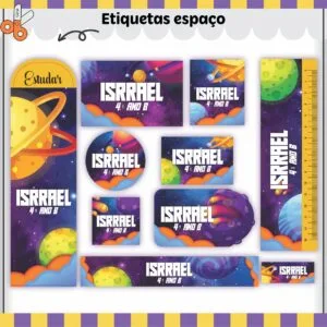 Etiquetas escolares personalizadas com tema de espaço sideral, planetas e cores vibrantes.