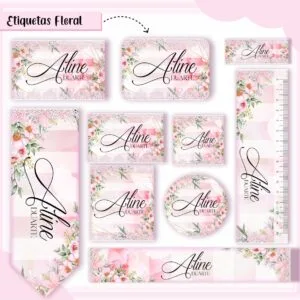 Conjunto de etiquetas florais rosa com diversos formatos dispostas em fundo branco.