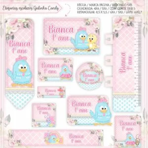 Conjunto de etiquetas escolares personalizadas com ilustrações de galinha em tons de rosa.
