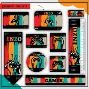 Coleção de etiquetas escolares personalizadas com temática de videogame e cores vibrantes.