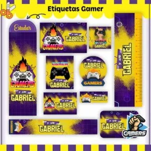 Coleção de etiquetas escolares personalizadas com temática de videogame e cores vibrantes.
