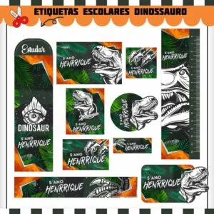 Coleção de etiquetas escolares personalizadas com ilustrações de dinossauros em tons verdes e laranja.
