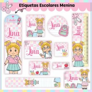 Conjunto de etiquetas escolares personalizadas com ilustrações de menina loira e material escolar.