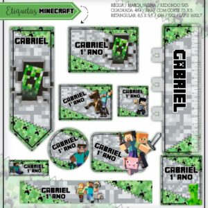 Arquivo Digital Etiquetas Escolares Minecraft Verde