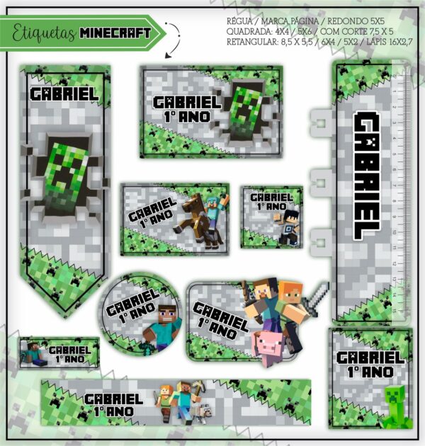 Arquivo Digital Etiquetas Escolares Minecraft Verde